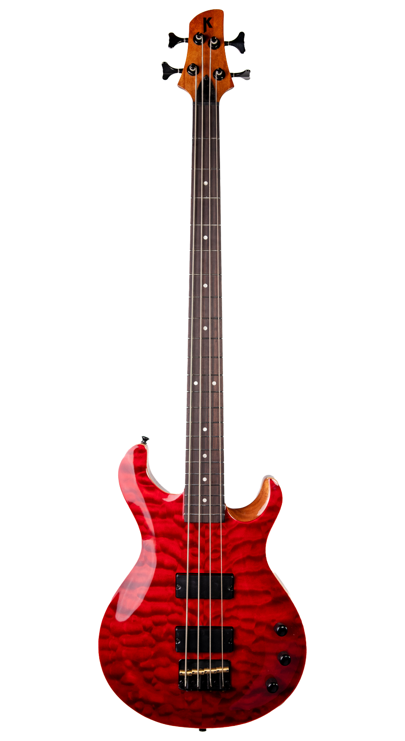 Red Kardinal KGB four-string bass guitar on a dark background